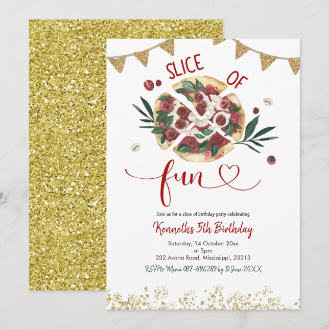 Inbjudan till födelsedagen i Pizza Party (Fram/baksida)