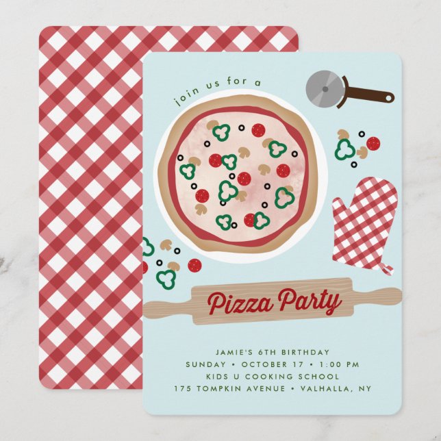 Inbjudan till födelsedagen i Pizza Party (Fram/baksida)