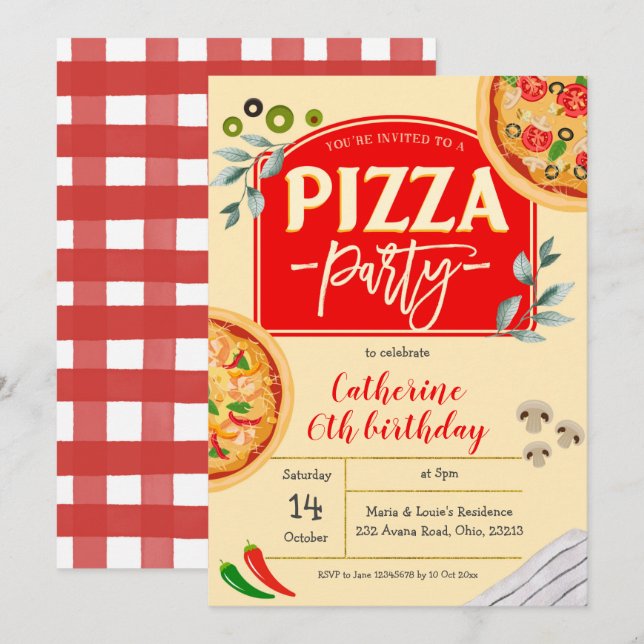 Inbjudan till födelsedagen i Pizza Party (Fram/baksida)