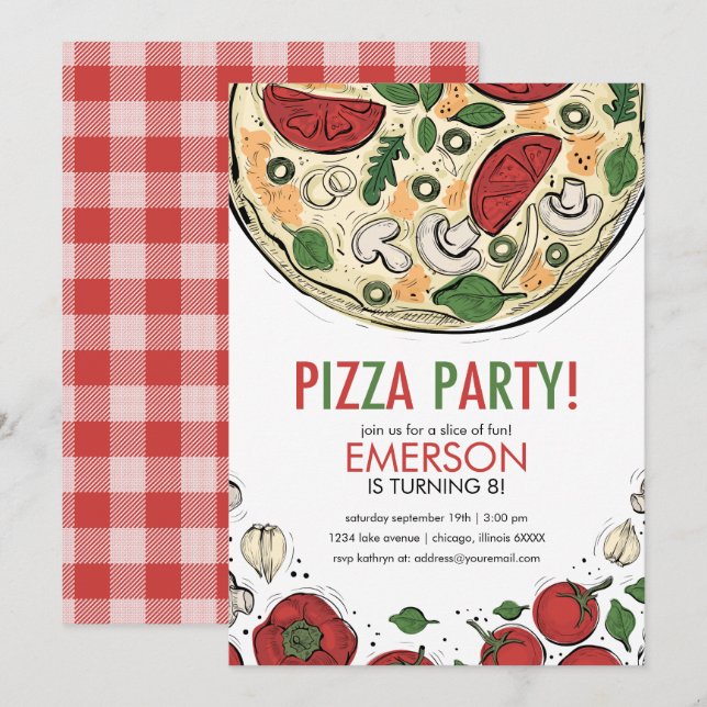Inbjudan till födelsedagen i Pizza Party (Fram/baksida)