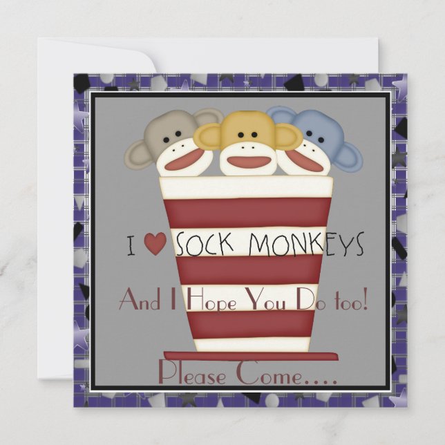 Inbjudan till födelsedagen i Sock monkey (Framsida)