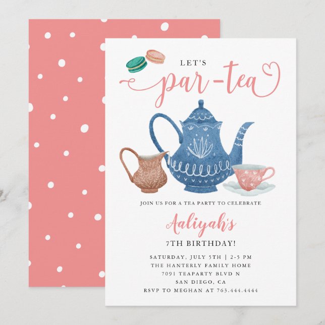 Inbjudan till födelsedagen i Tea Party (Fram/baksida)