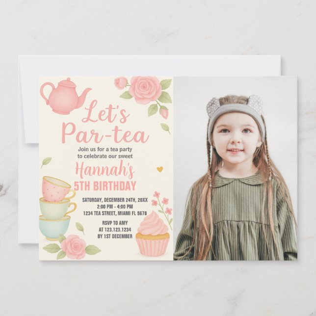 Inbjudan till födelsedagen i Tea Party med Blommig (Framsida)