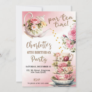 Inbjudan till födelsedagen i Tea Party - Rosa och