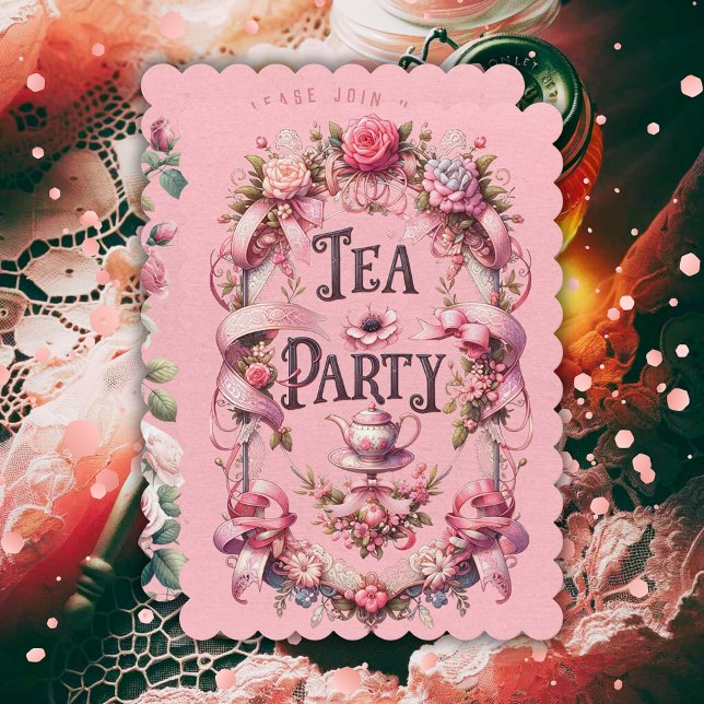 Inbjudan till födelsedagen Pastel Goth Tea Party (birthday tea party invitation teapot tea cups roses coquette aesthetic girly pink ribbons lace)