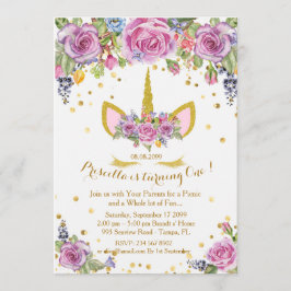 Inbjudan till födelsedagen, unicorn, blommor, vita