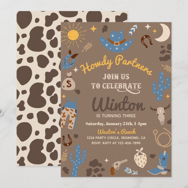 Inbjudan till födelsedagsdagen | Western inbjudan (Fram/baksida)