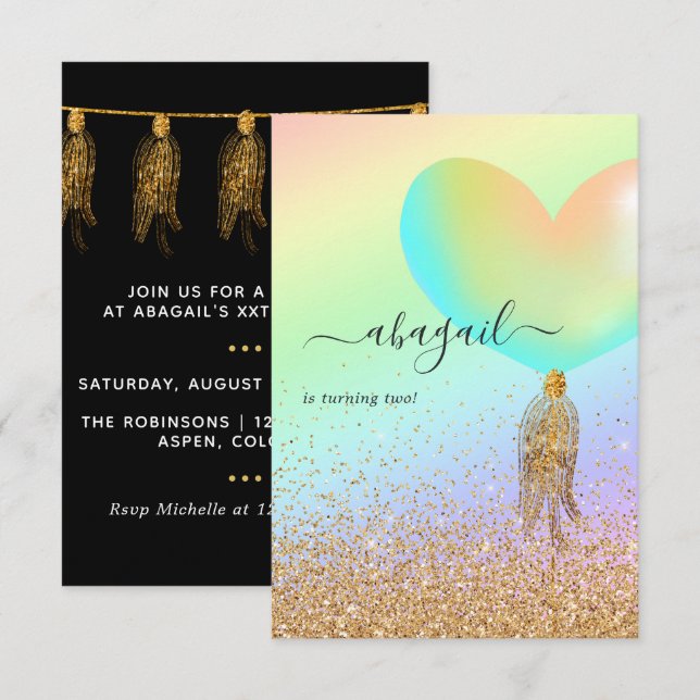 Inbjudan till Födelsedagsfest av regnbåge och Guld (Fram/baksida)