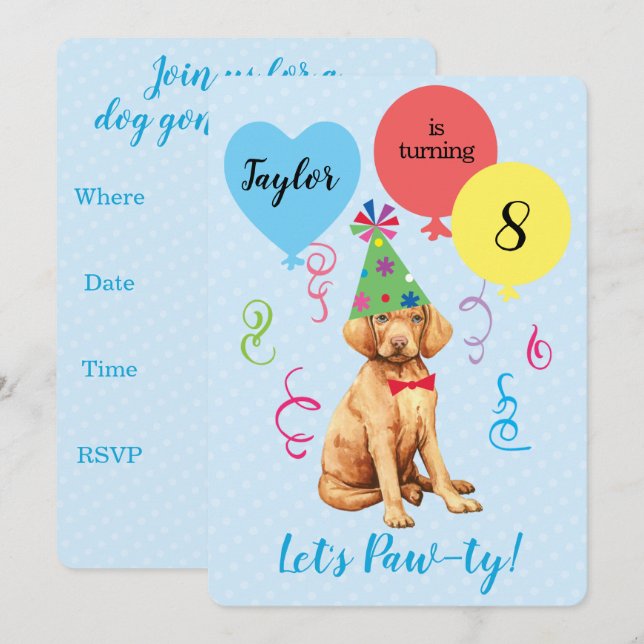 Inbjudan till födelsedagsfest Balloons Vizsla (Fram/baksida)