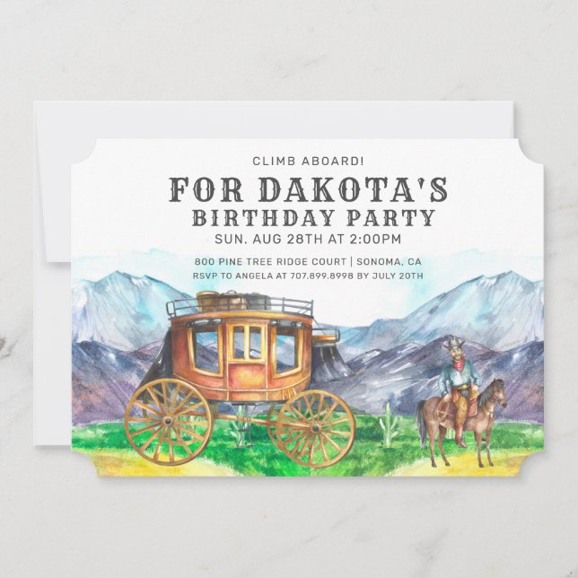 Inbjudan till födelsedagsfest för cowboy med öken- (Framsida)