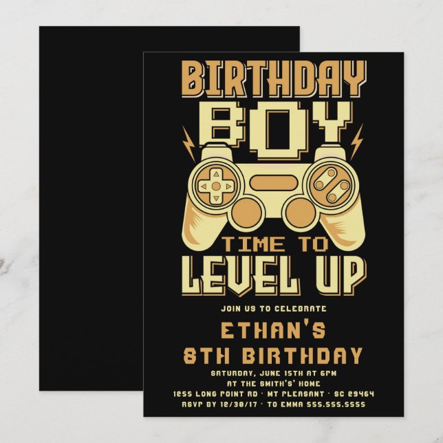 Inbjudan till födelsedagsfest för tv-spel Level Up (Fram/baksida)