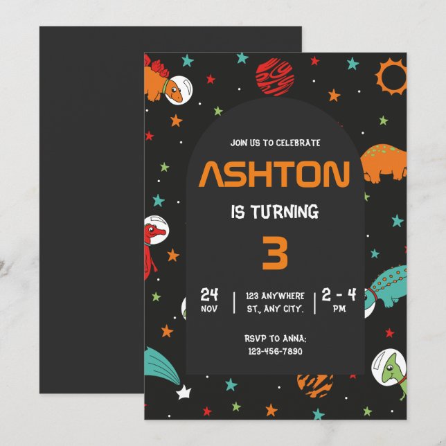 Inbjudan till födelsedagsfest i rymden för barn, a (Fram/baksida)