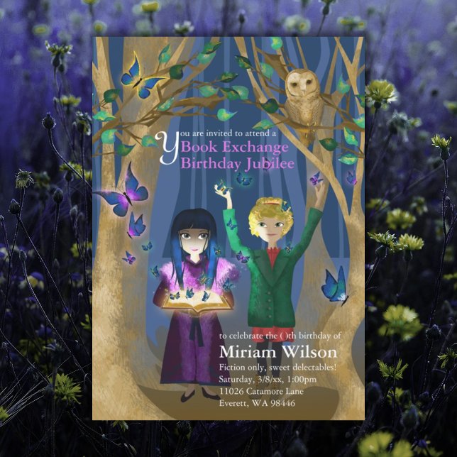 Inbjudan till födelsedagsfest med bokbyte: Ugglor  (purple blue book exchange book swap birthday party unique birthday invitation for girl)