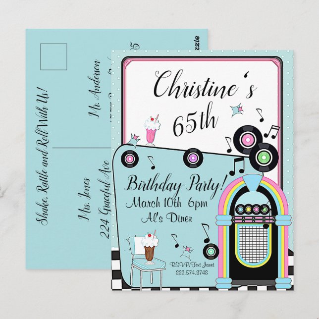 Inbjudan till födelsedagsfest på 1950-talsdiner fö (Fram/baksida)