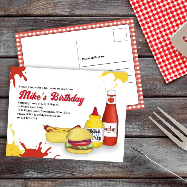 Inbjudan till födelsedagsfest-sommar-BBQ (Birthday Party BBQ invitation postcard template.)