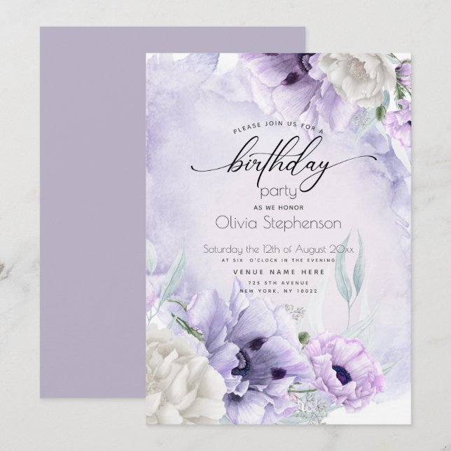 Inbjudan till födelsedagsfest Watercolor Lilac-val (Fram/baksida)
