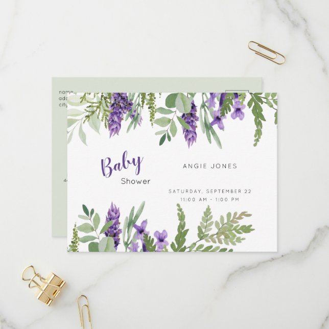 Inbjudan till Foliage Lavender och Mint baby Showe Vykort (Fram/Back In Situ)