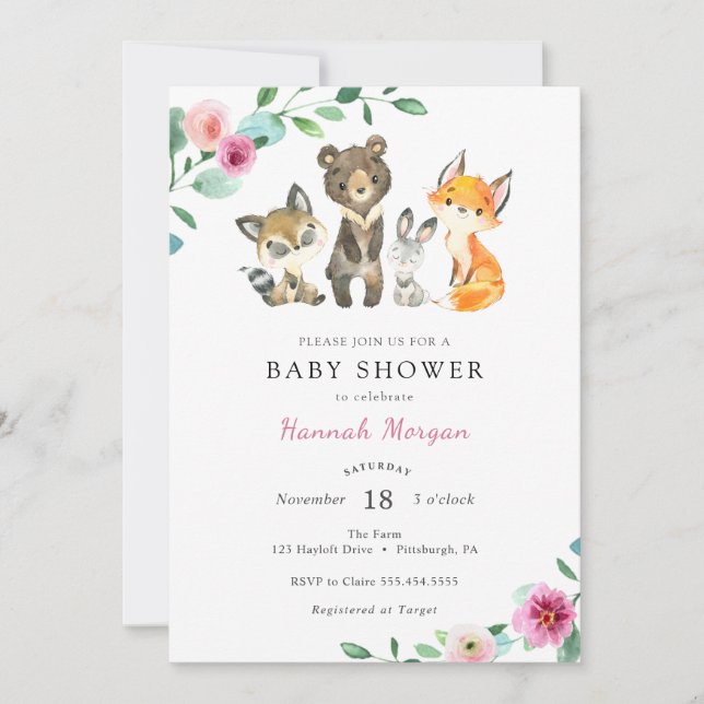 Inbjudan till Forest Animal Baby Shower för flicko (Framsida)
