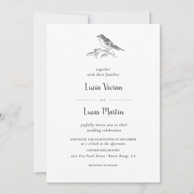 Inbjudan till Forest Bird Wedding i klassisk Vinta (Framsida)