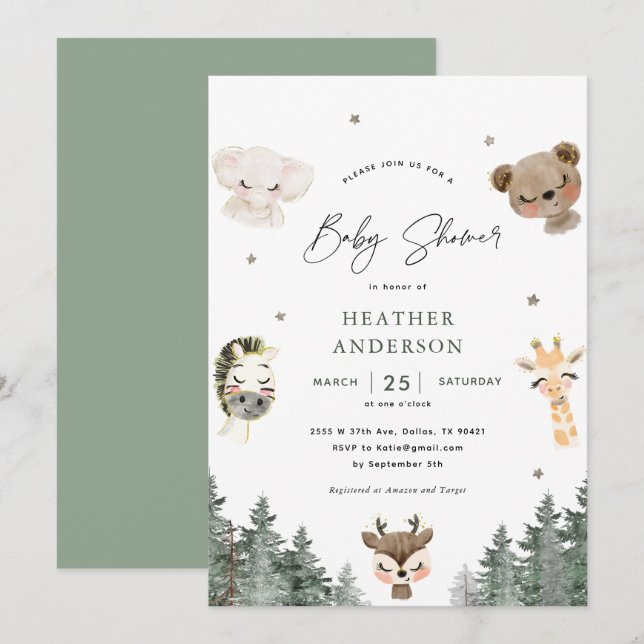 Inbjudan till Forest Woodland Animal Baby Shower (Fram/baksida)