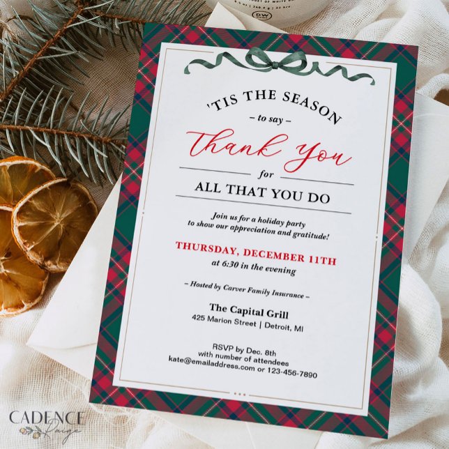 Inbjudan till företagsJulfest - Tack (Company Holiday Party invitation with elegant plaid and a thank you message to show gratitude)