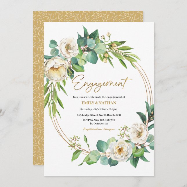 Inbjudan till Förlovning av Guld och vit blommigt (Fram/baksida)