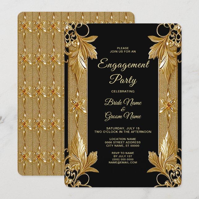 Inbjudan till Förlovning för Guld Black Ornate Blo (Fram/baksida)