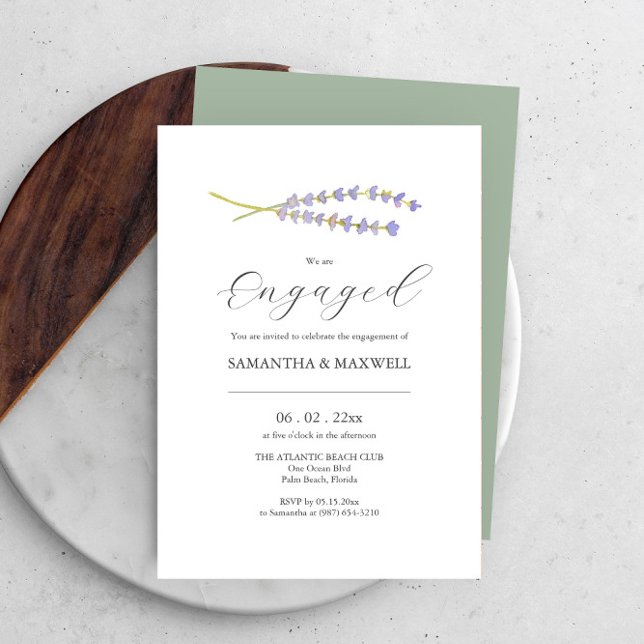 Inbjudan till Förlovningen anpassningsbar - vatten (Engagement invitations watercolor lavender art Victoria Grigaliunas minimalist design DoTellABelle)