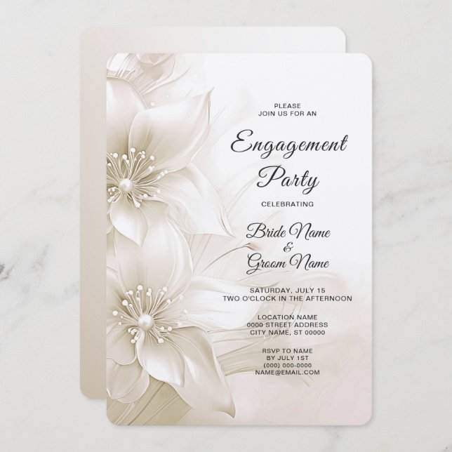 Inbjudan till Förlovningen elegant Ivory White Flo (Fram/baksida)