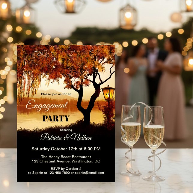 Inbjudan till Förlovningen Fall Träd Sjö Visa  (Engagement invitation featuring a colorful autumn tree and festive lantern overlooking a lake)