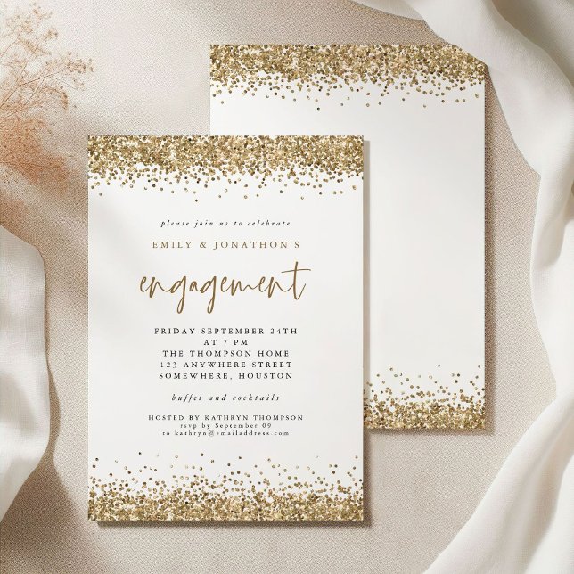 Inbjudan till Förlovningen Glam Guld Glitter Gräns (Front and back view)