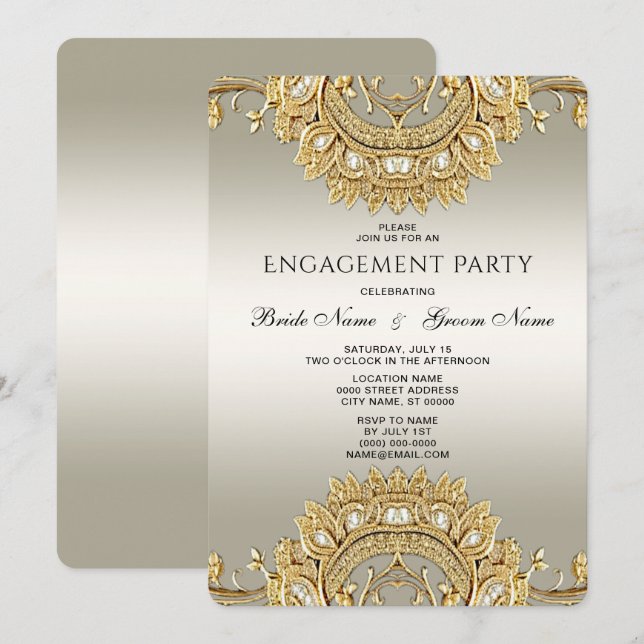 Inbjudan till Förlovningen Guld Ornate (Fram/baksida)