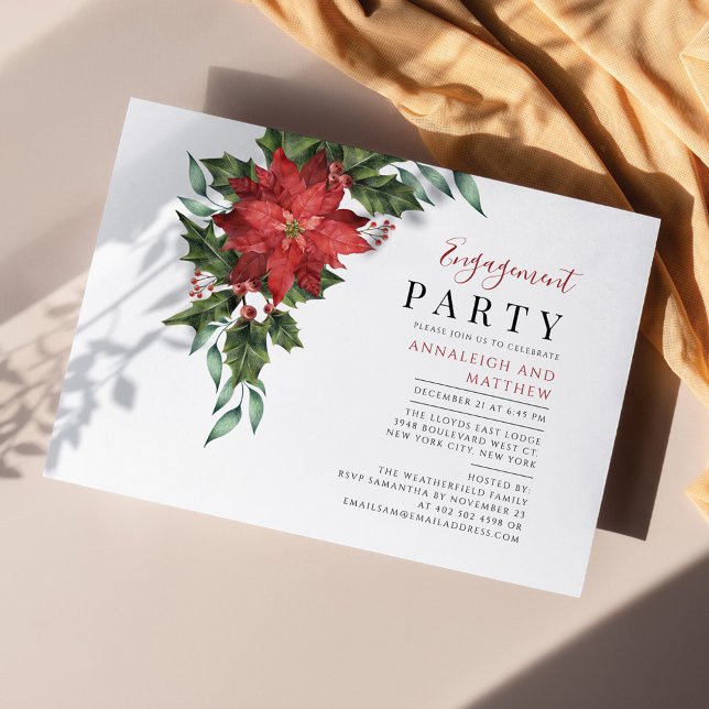 Inbjudan till Förlovningsfest av blommigt Poinsett (Poinsettia Holiday Engagement Party Invitation)