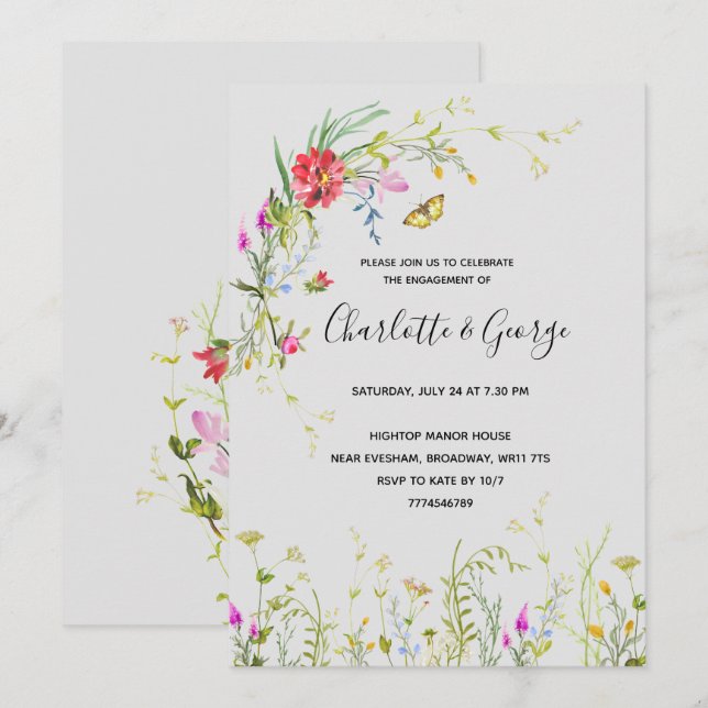 Inbjudan till Förlovningsfest av vild-blomma (Fram/baksida)