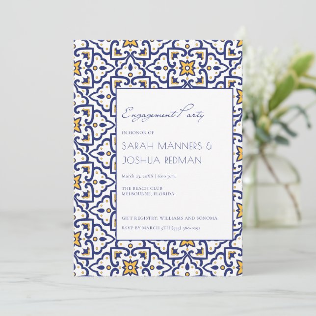 Inbjudan till Förlovningsfesten Blue Moroccan Tile (Stående Fram)