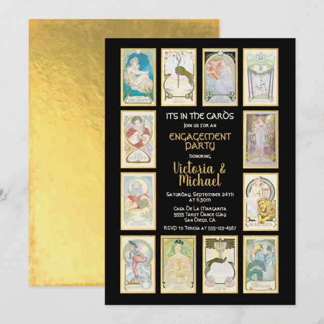 Inbjudan till Förlovningsfesten Golden Tarot Card (Fram/baksida)