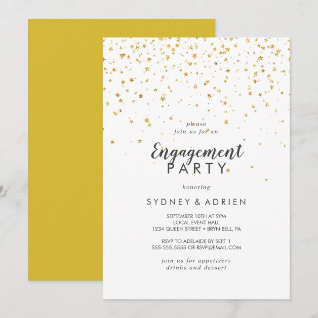 Inbjudan till Förlovningsfesten Guld Confetti (Fram/baksida)