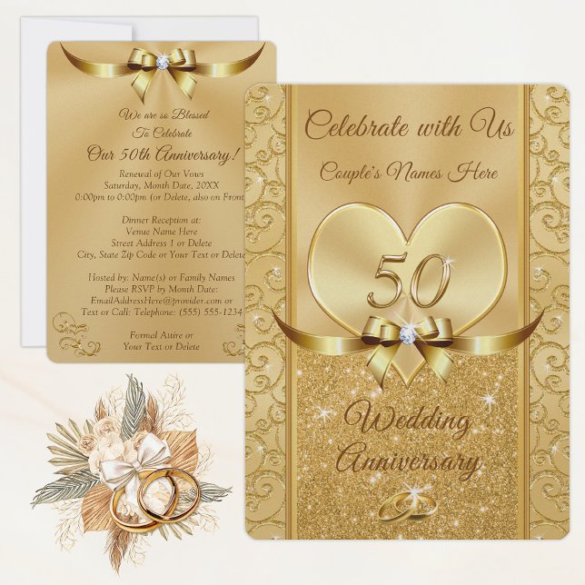 Inbjudan till förnyelse av äktenskapslöfte vid 50- (50th wedding anniversary invitations personalized. 50th anniversary renewal of vows invitatitations.)
