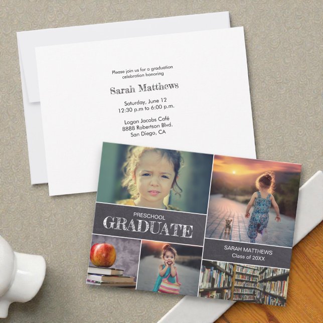 Inbjudan till förskoleavslutning med fotokollage (Custom Preschool graduation party invitation with photo collage.)