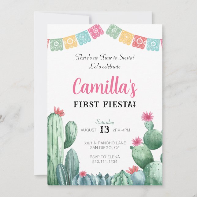 Inbjudan till första Fiesta Födelsedagsfest Cactus (Framsida)