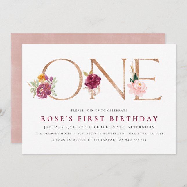 Inbjudan till första födelsedag | Blommigt Ro Guld (Fram/baksida)