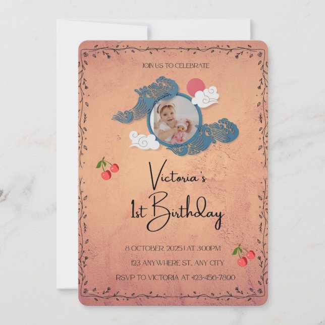 Inbjudan till första födelsedag | Cherry Theme Bab (Framsida)
