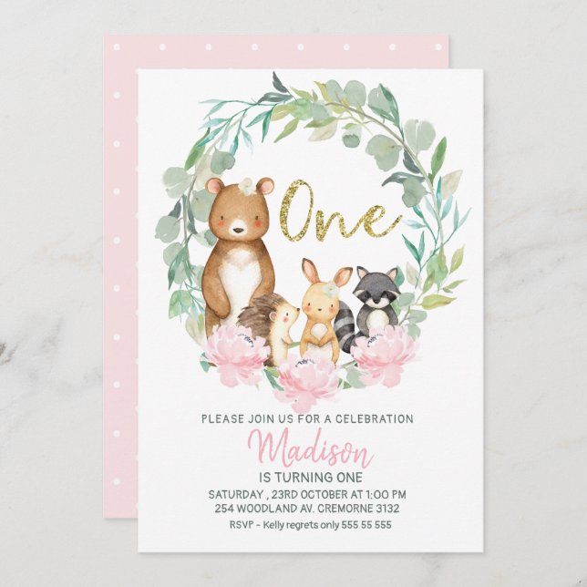 Inbjudan till första födelsedag för flickor i träd (Fram/baksida)