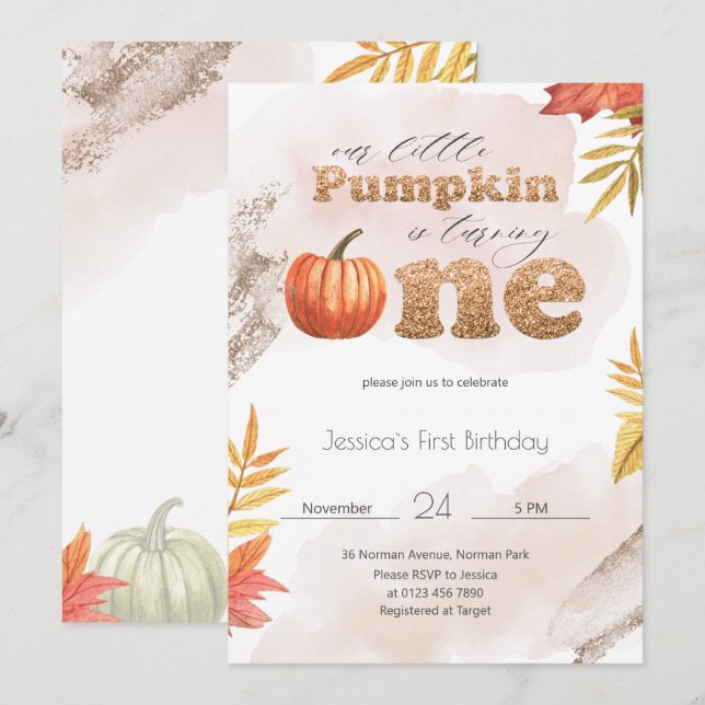 Inbjudan till första födelsedag för guld-blomma (Fram/baksida)