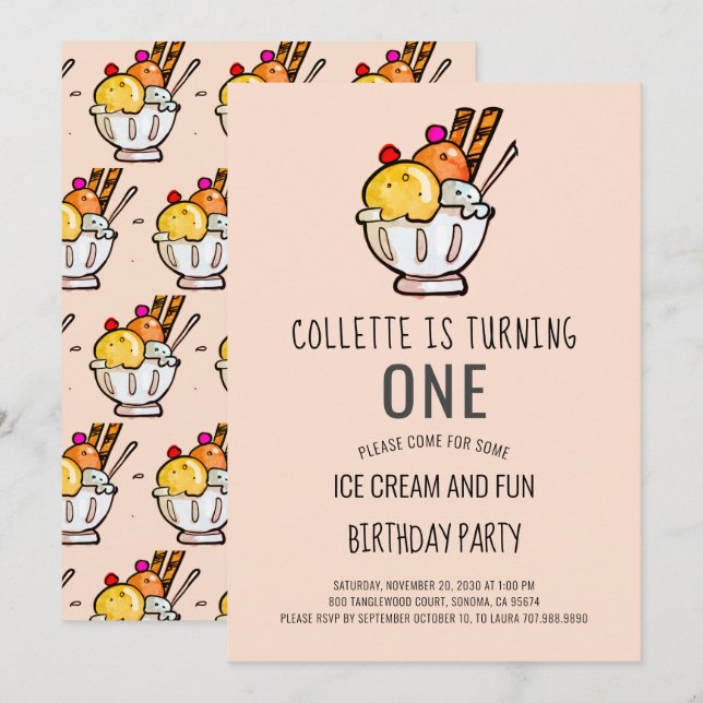 Inbjudan till första födelsedag för iskräm (Fram/baksida)