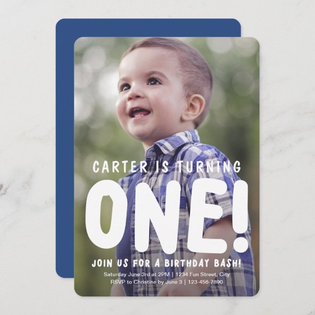 Inbjudan till första födelsedag för lodräts Fullt (Fram/baksida)