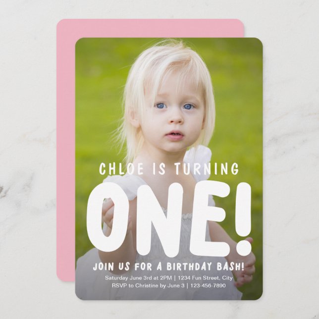 Inbjudan till första födelsedag för lodräts Fullt (Fram/baksida)