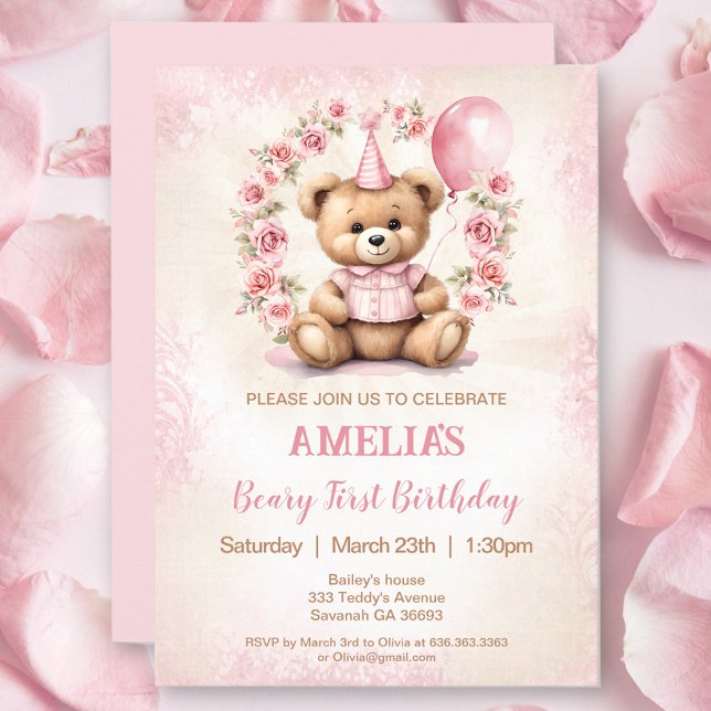 Inbjudan till första födelsedag i Bear Rosa ros (1st Birthday Bear Pink Roses Invitation)