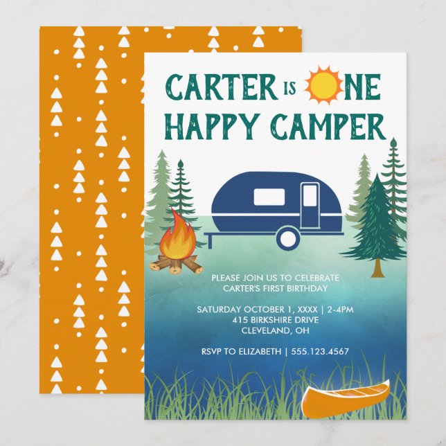 Inbjudan till första födelsedag i lycklig Camper B (Fram/baksida)