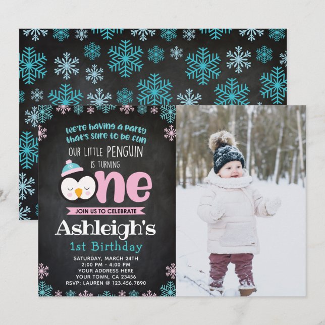 Inbjudan till första födelsedag med foto från Peng (Fram/baksida)